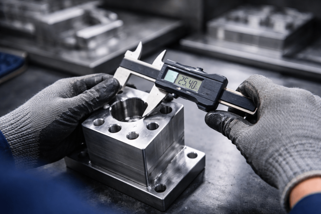 Measuring CNC machined metal parts with digital caliper