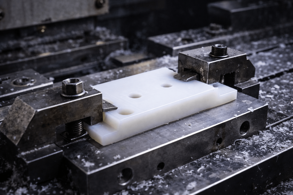 Plastic CNC milling part clamped on fixture showing deformation risk