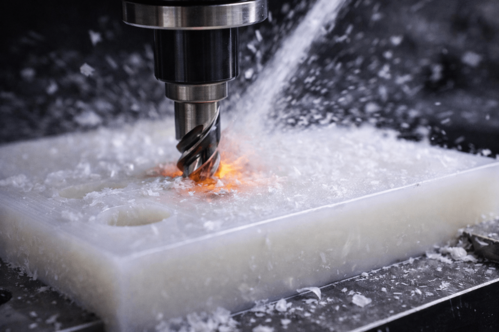 CNC milling plastic part showing cutting heat and chip formation
