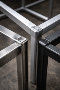 comparison of stainless steel, anodized aluminum, and powder-coated welded metal furniture surfaces