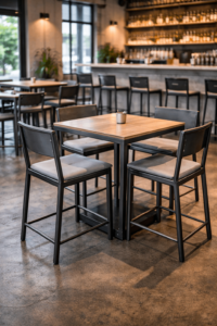 welded metal chairs and tables installed in a modern hospitality environment