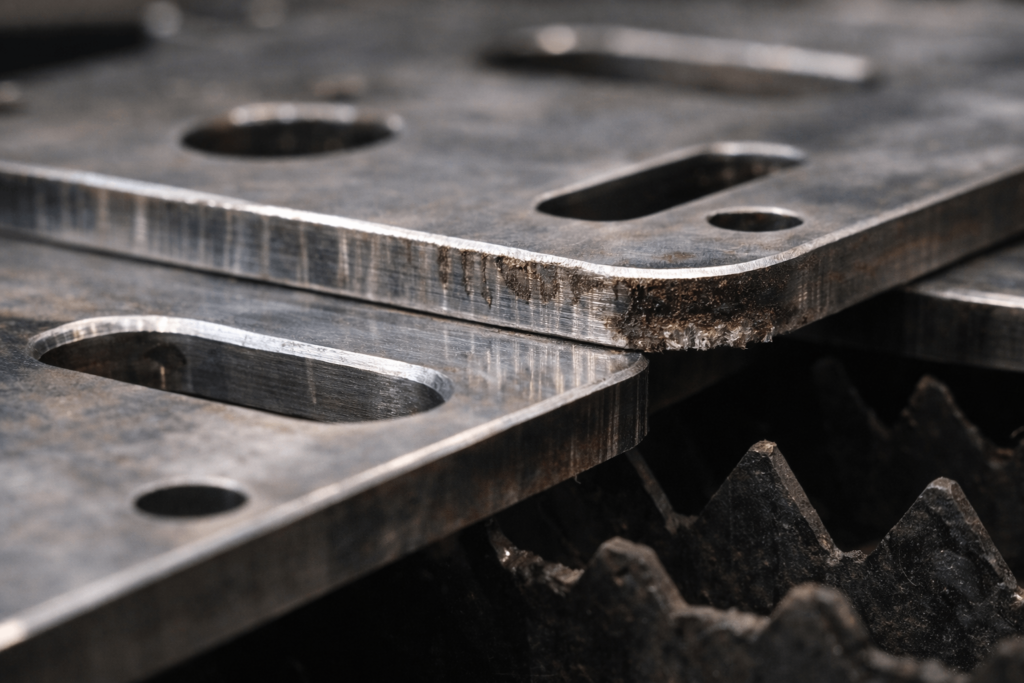 Edge quality of laser cut stainless steel parts close up