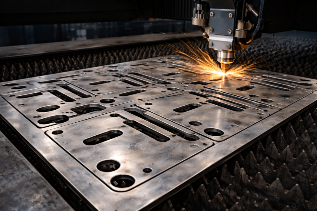 Laser cutting stainless steel sheet with nested parts