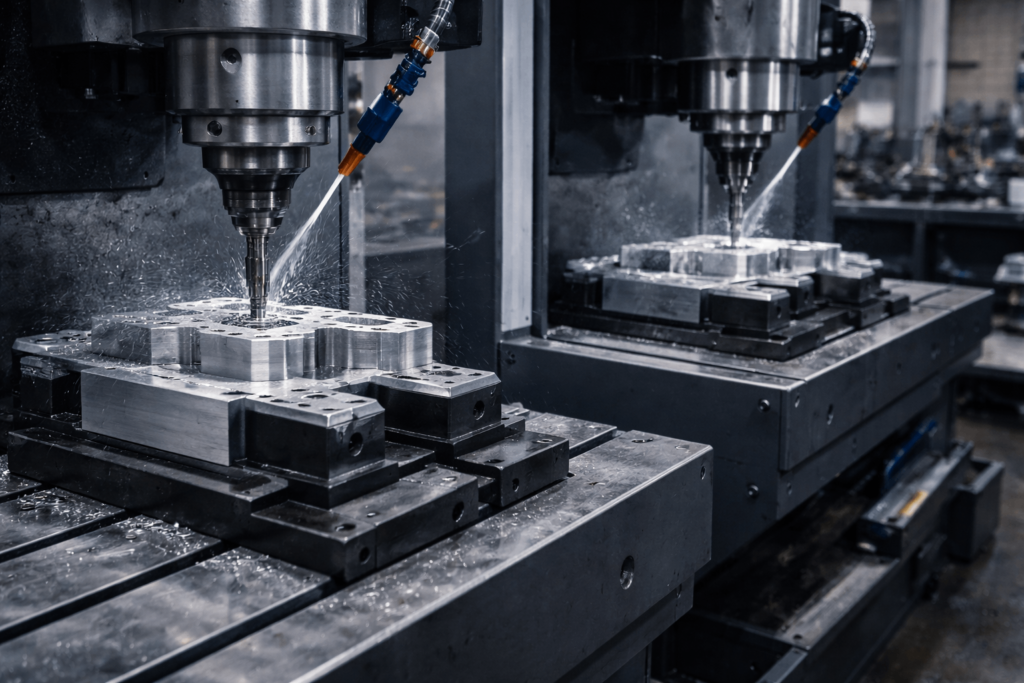 Multiple CNC machines producing the same metal part in factory