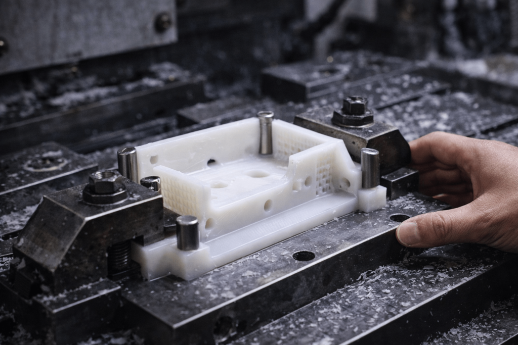 Workholding setup causing deformation in CNC plastic milling