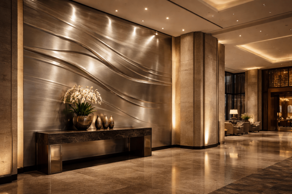 interior brushed stainless steel wall panels in modern hotel lobby