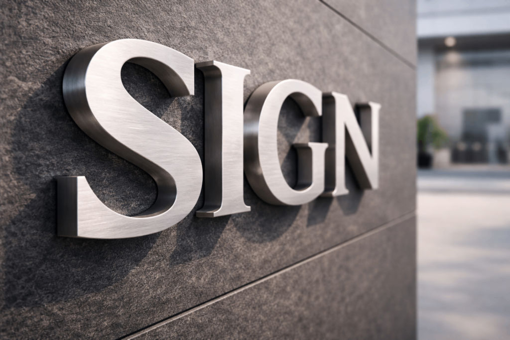Close-up side view of cast aluminum letters showing depth and profile