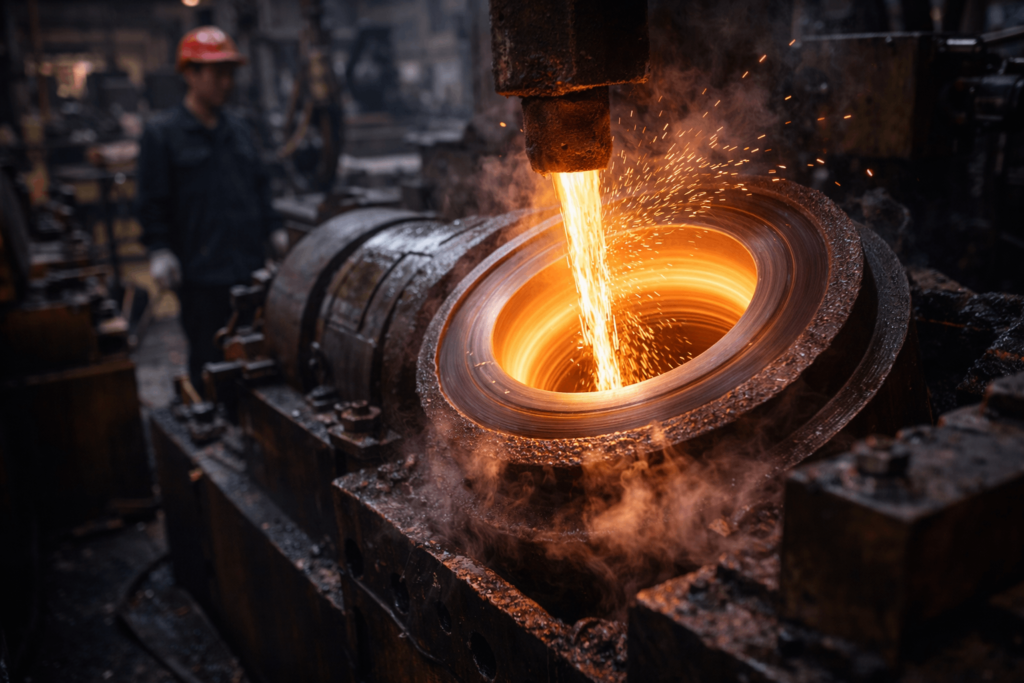 Centrifugal casting process in a Chinese metal factory
