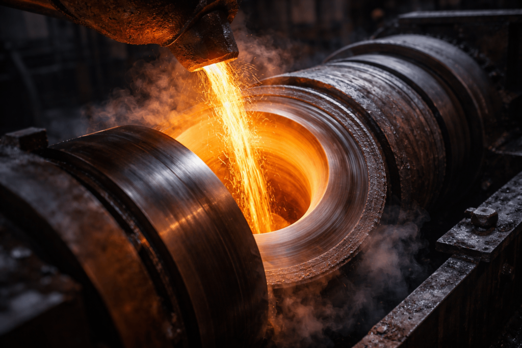 Molten metal entering a rotating mold in centrifugal casting