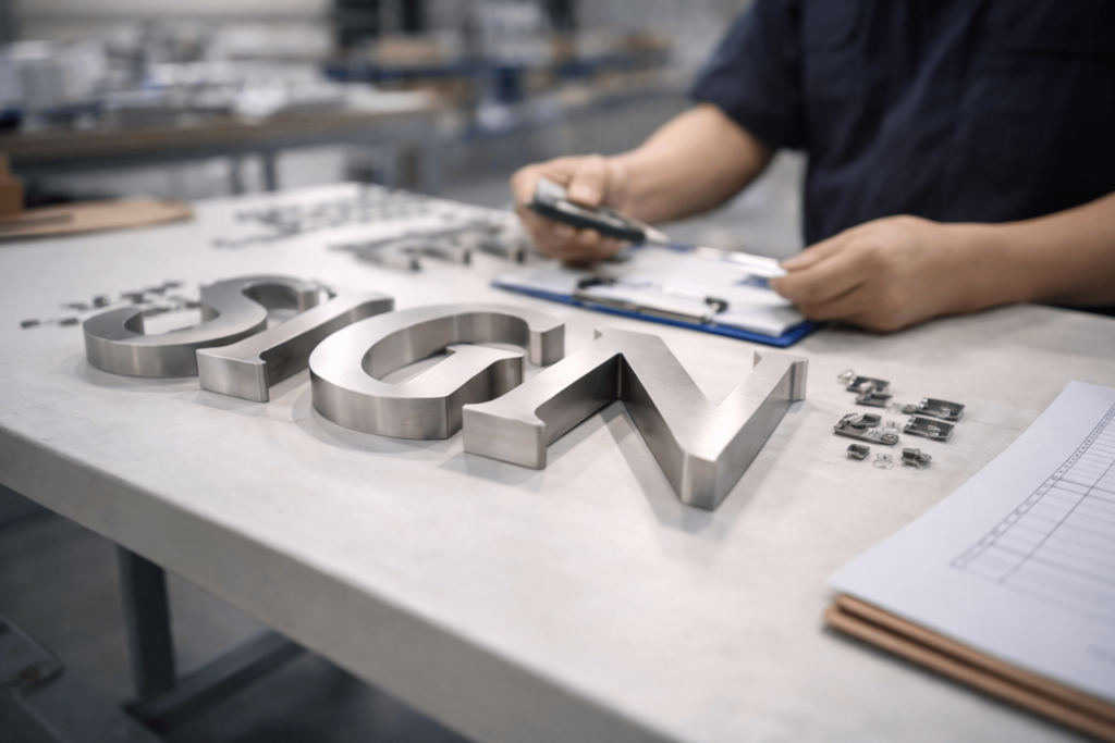 Quality inspection of cast aluminum letter samples before shipment