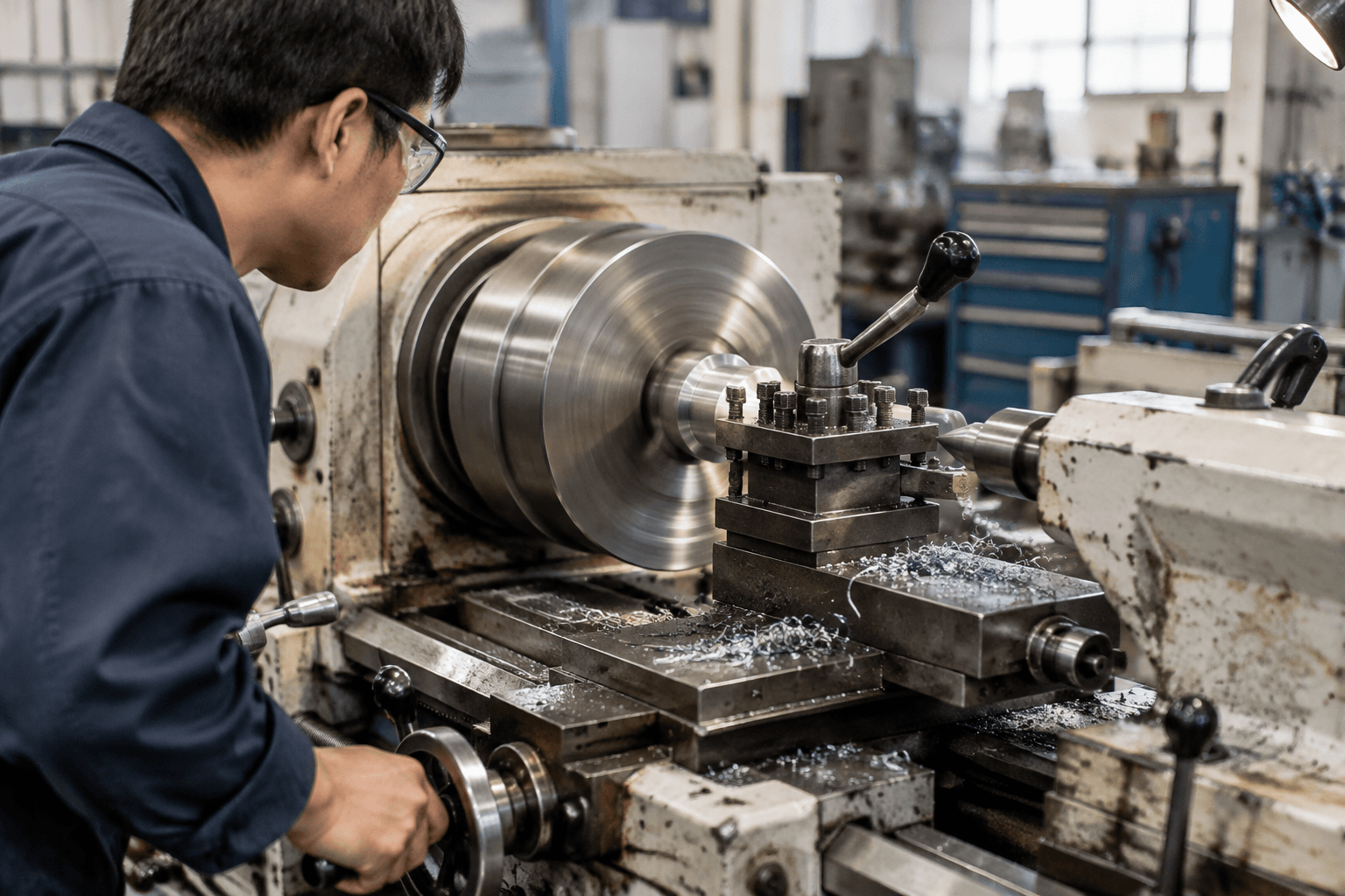 operating lathe machine drawing review and fabricated part inspection