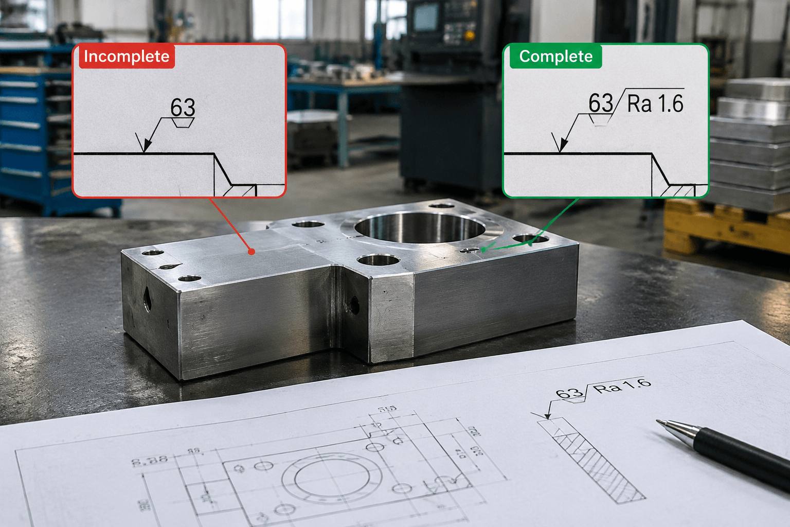 63 surface finish drawing review and fabricated part inspection